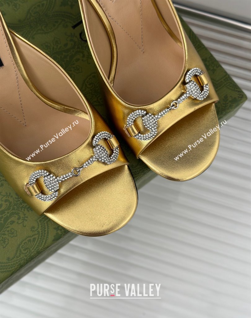Gucci Horsebit 1955 High Heel Slide Sandals 9.5cm in Metallic Leather Gold 2023 (MD-231218002)