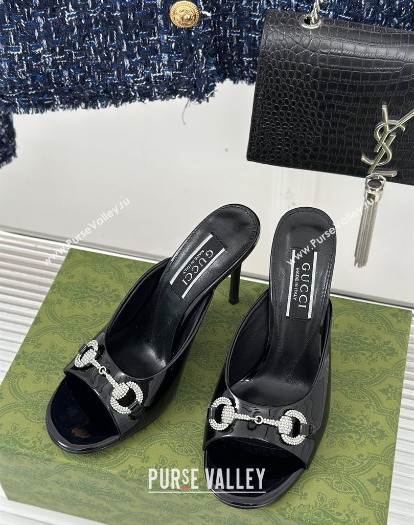 Gucci Horsebit 1955 High Heel Slide Sandals 9.5cm in Patent Leather Black 2023 (MD-231218004)