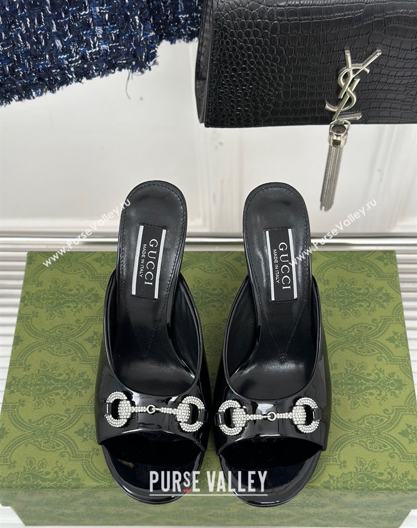 Gucci Horsebit 1955 High Heel Slide Sandals 9.5cm in Patent Leather Black 2023 (MD-231218004)