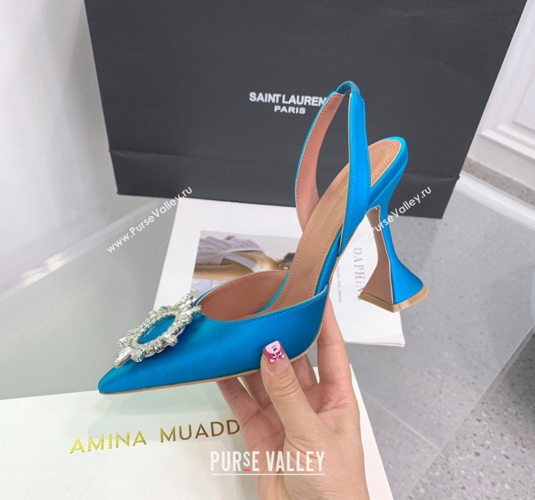 Amina Muaddi Begum Embellished Slingback Pumps 9.5 cm in Silk and Crystals Light Blue 2023 1214 (KER-231214071)