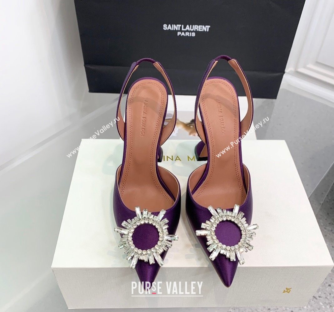 Amina Muaddi Begum Embellished Slingback Pumps 9.5 cm in Silk and Crystals Purple 2023 1214 (KER-231214072)