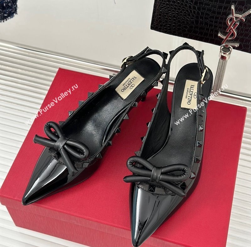 Valentino Rockstud Bow Slingback Pumps in Patent Calf Leather 6cm All Black 2023 (MD-231214110)