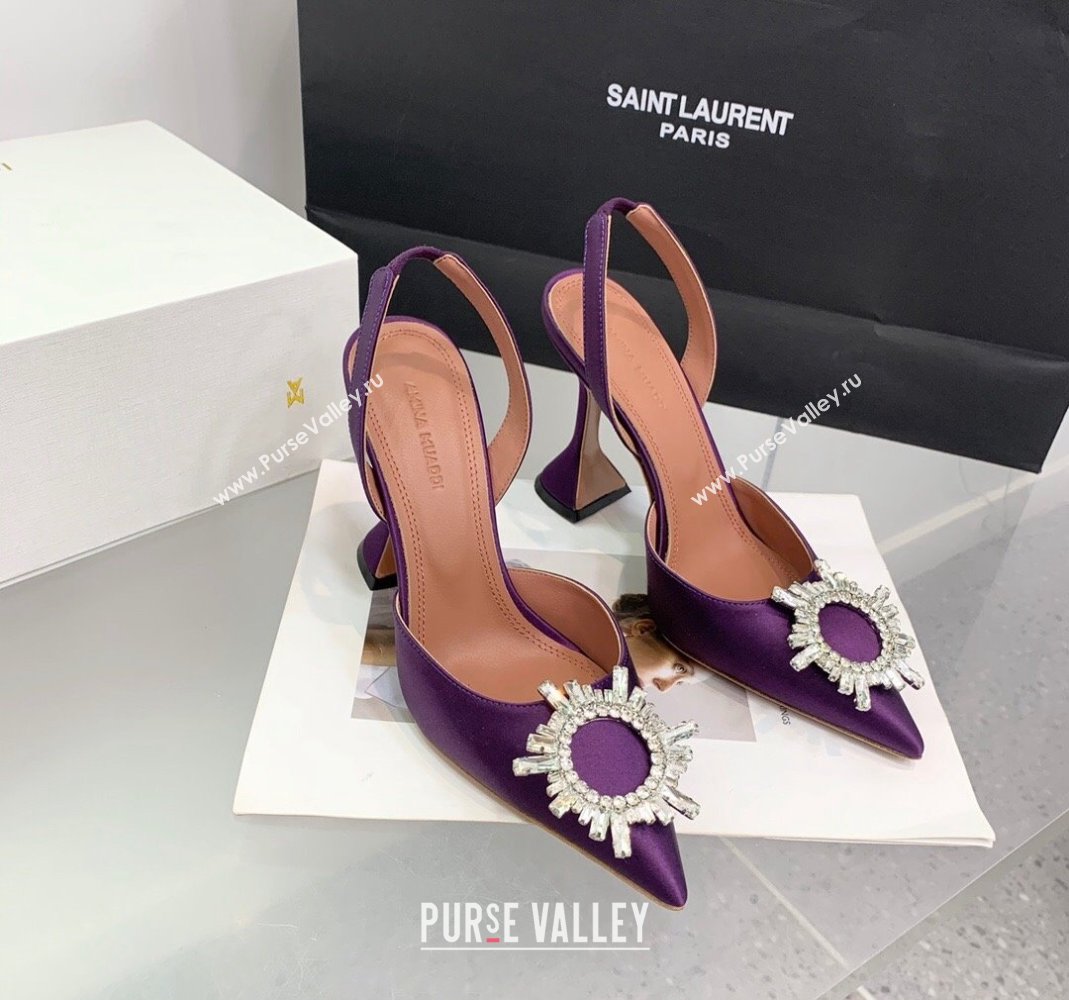 Amina Muaddi Begum Embellished Slingback Pumps 9.5 cm in Silk and Crystals Purple 2023 1214 (KER-231214072)