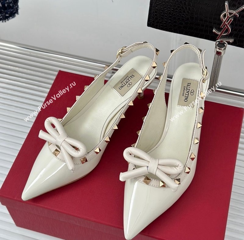 Valentino Rockstud Bow Slingback Pumps in Patent Calf Leather 6cm White 2023 (MD-231214111)