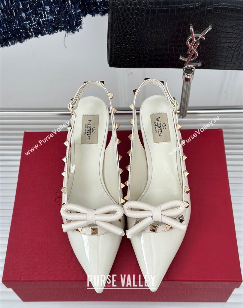 Valentino Rockstud Bow Slingback Pumps in Patent Calf Leather 6cm White 2023 (MD-231214111)