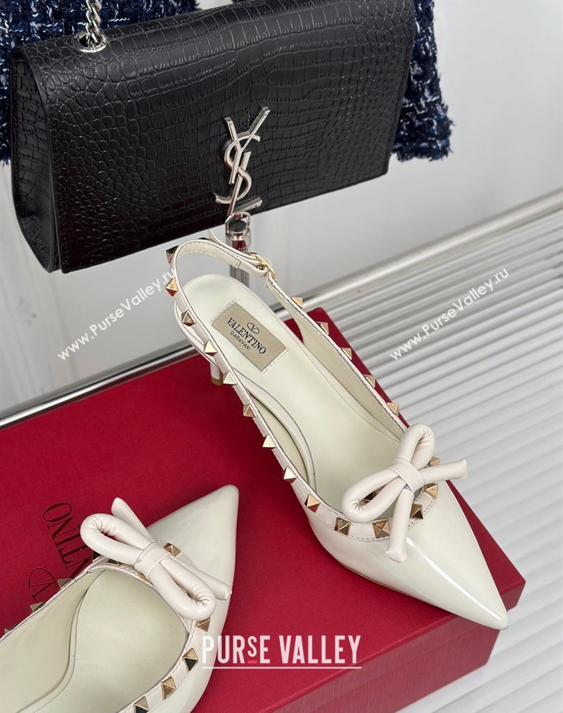 Valentino Rockstud Bow Slingback Pumps in Patent Calf Leather 6cm White 2023 (MD-231214111)