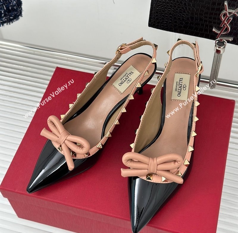 Valentino Rockstud Bow Slingback Pumps in Patent Calf Leather 6cm Black/Nude 2023 (MD-231214114)