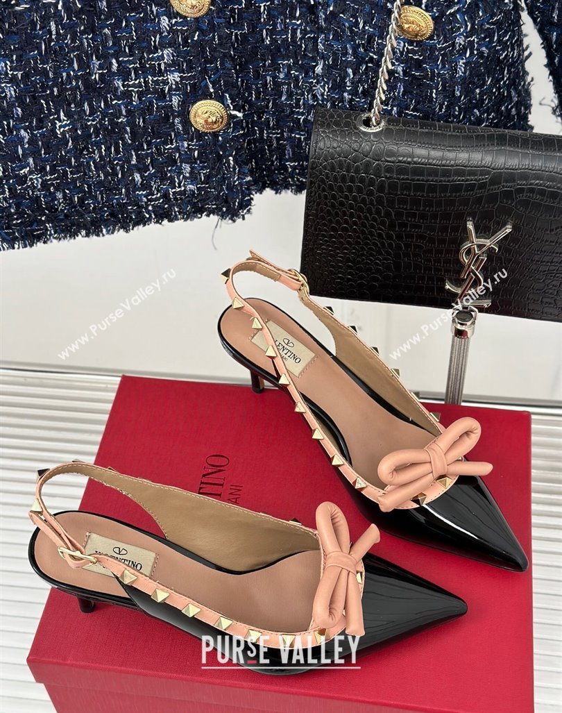 Valentino Rockstud Bow Slingback Pumps in Patent Calf Leather 6cm Black/Nude 2023 (MD-231214114)