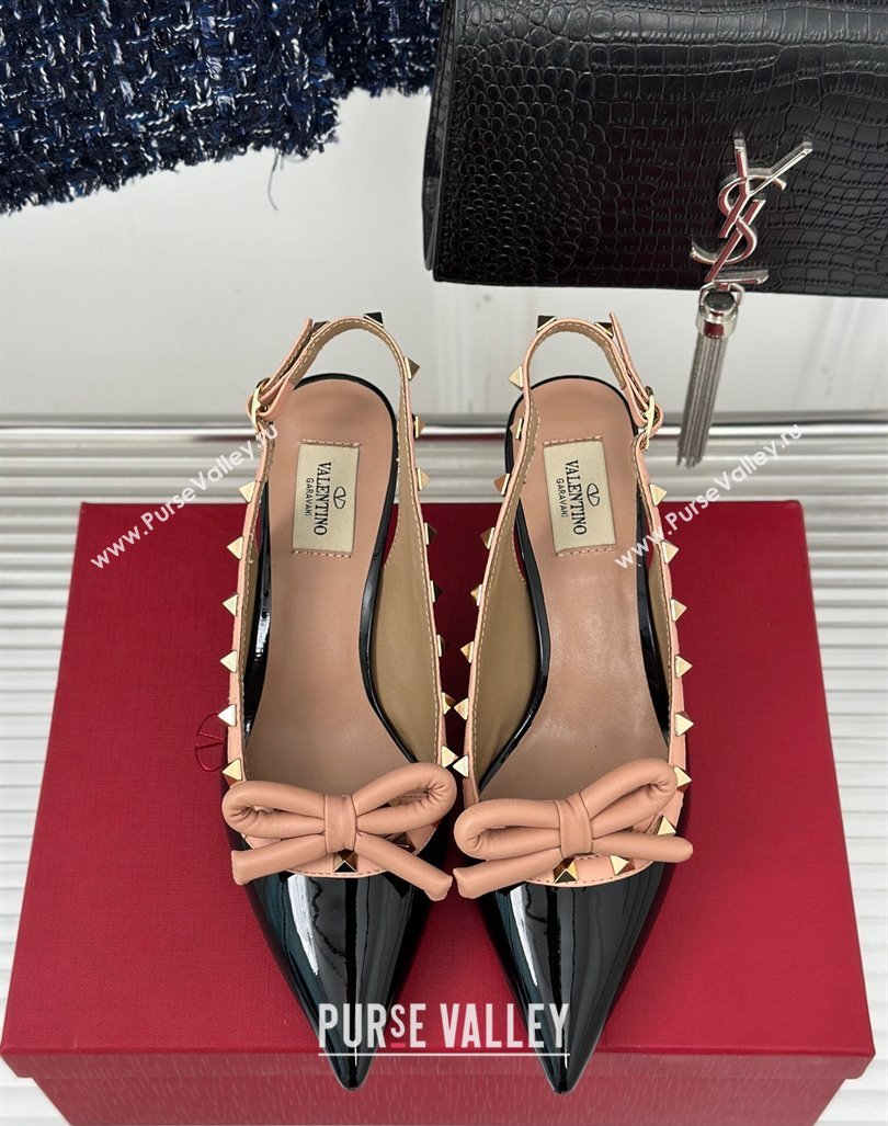 Valentino Rockstud Bow Slingback Pumps in Patent Calf Leather 6cm Black/Nude 2023 (MD-231214114)