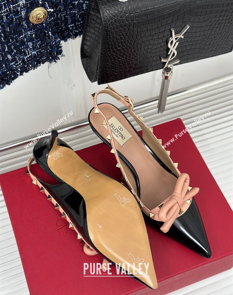 Valentino Rockstud Bow Slingback Pumps in Patent Calf Leather 6cm Black/Nude 2023 (MD-231214114)