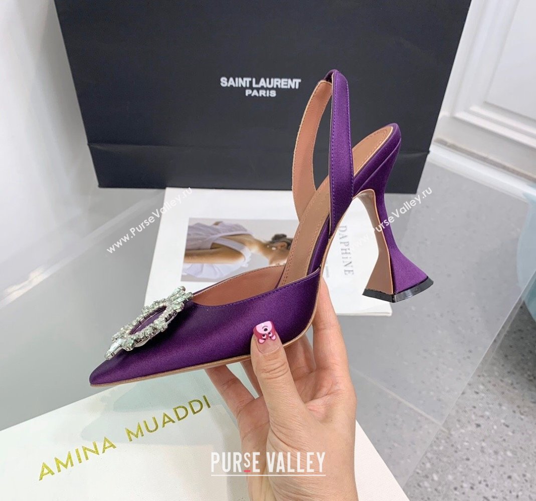 Amina Muaddi Begum Embellished Slingback Pumps 9.5 cm in Silk and Crystals Purple 2023 1214 (KER-231214072)