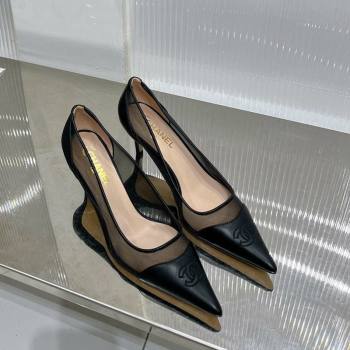 Chanel Medium Heel Pumps 6.5cm in Lambskin and Mesh Black 2023 CH121301 (ZN-231213005)