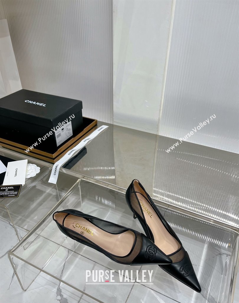 Chanel Medium Heel Pumps 6.5cm in Lambskin and Mesh Black 2023 CH121301 (ZN-231213005)