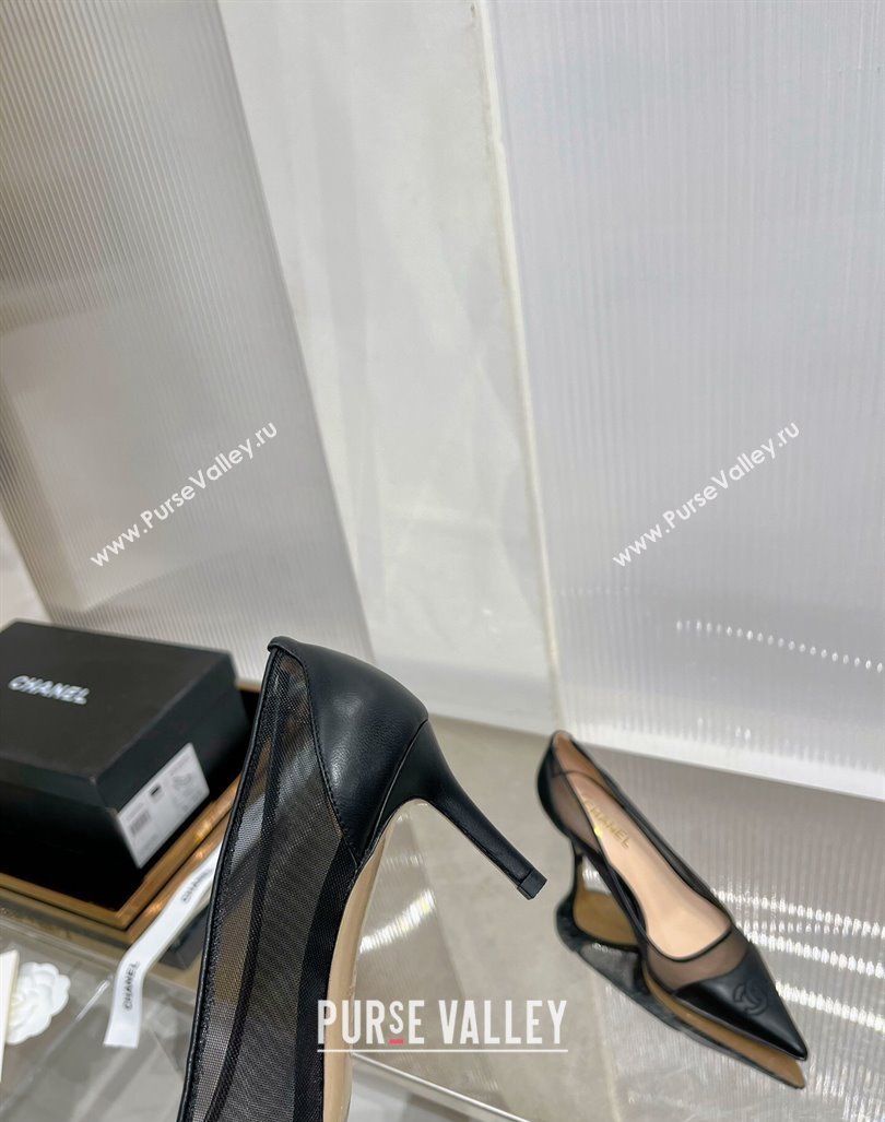 Chanel Medium Heel Pumps 6.5cm in Lambskin and Mesh Black 2023 CH121301 (ZN-231213005)