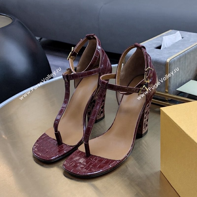 Fendi High Heel Sandals 9cm in Crocodile Embossed Leather Burgundy 2023 FE12151 (SS-231215079)