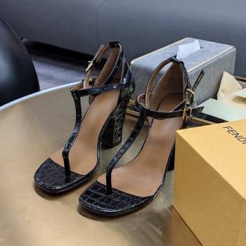 Fendi High Heel Sandals 9cm in Crocodile Embossed Leather Black 2023 FE12151 (SS-231215080)