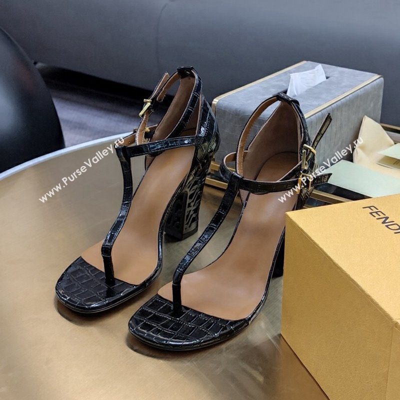 Fendi High Heel Sandals 9cm in Crocodile Embossed Leather Black 2023 FE12151 (SS-231215080)