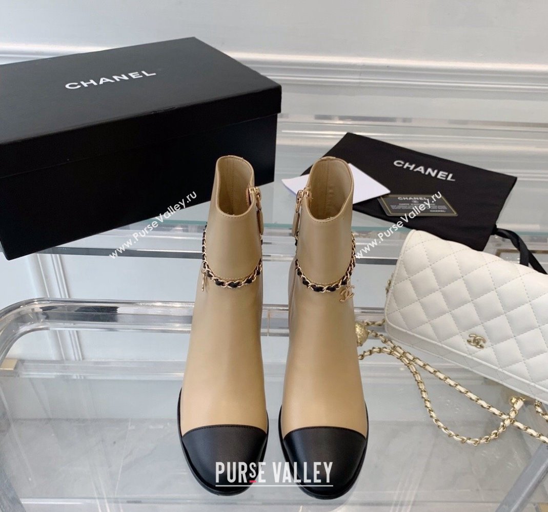 Chanel Calfskin Ankle Boots with CC Chain Beige 2023 CH121311 (SS-231213056)