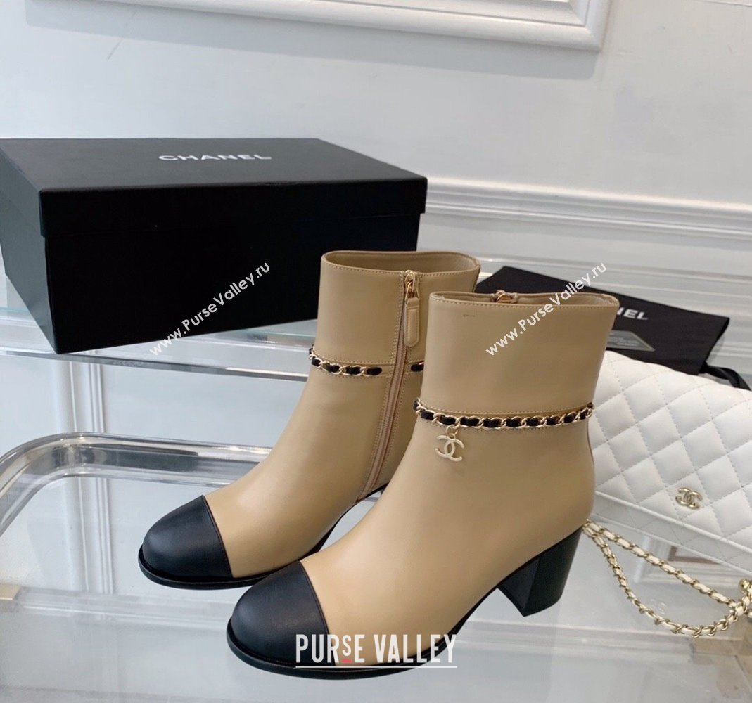 Chanel Calfskin Ankle Boots with CC Chain Beige 2023 CH121311 (SS-231213056)