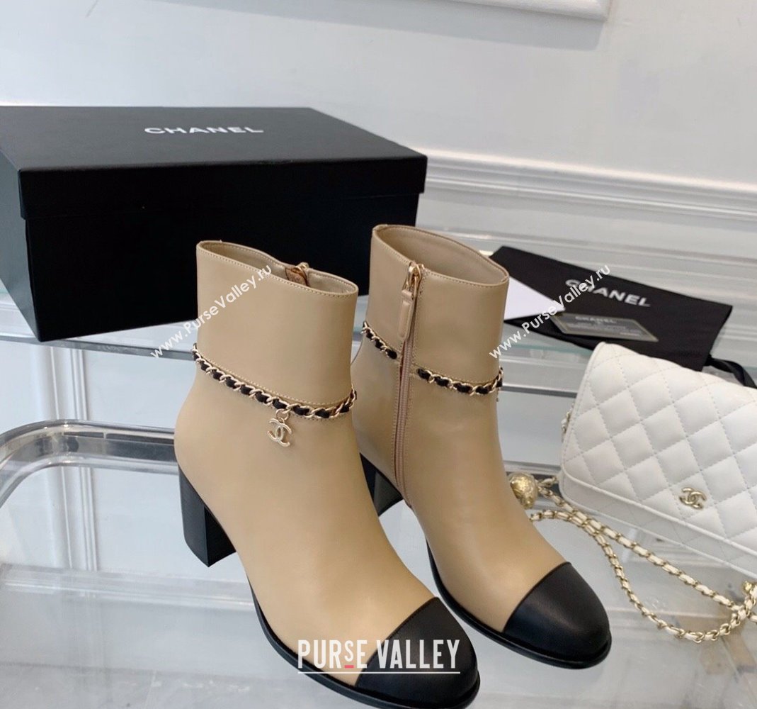 Chanel Calfskin Ankle Boots with CC Chain Beige 2023 CH121311 (SS-231213056)