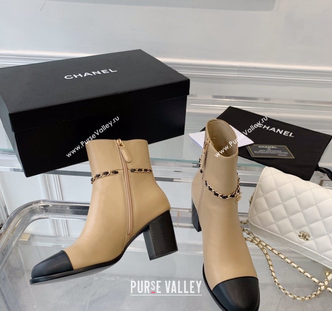 Chanel Calfskin Ankle Boots with CC Chain Beige 2023 CH121311 (SS-231213056)