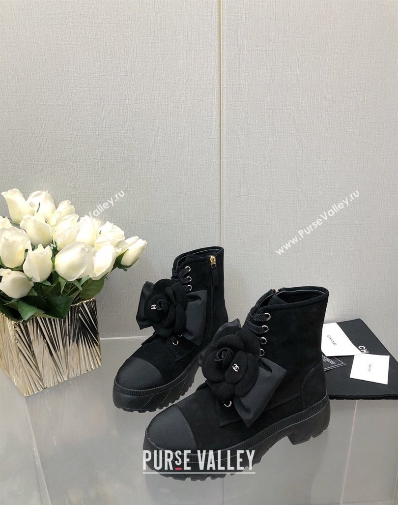 Chanel Suede Ankle Boot with Camellia Bloom Black 2023 CH121313 (KL-231213067)