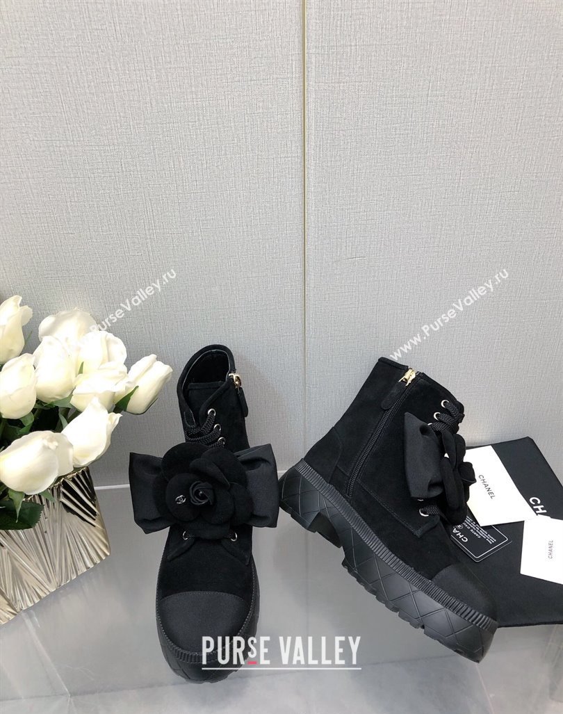 Chanel Suede Ankle Boot with Camellia Bloom Black 2023 CH121313 (KL-231213067)