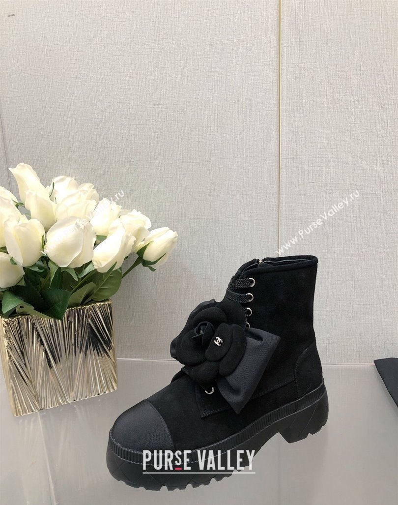 Chanel Suede Ankle Boot with Camellia Bloom Black 2023 CH121313 (KL-231213067)