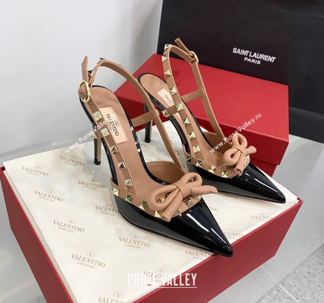 Valentino Rockstud Bow Slingback Pumps in Patent Leather 6cm/10cm Black/Gold 2023 (KER-231214107)