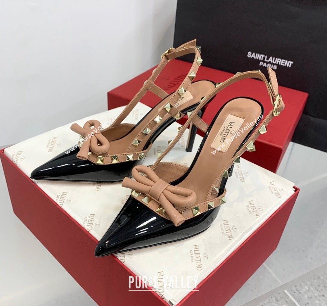 Valentino Rockstud Bow Slingback Pumps in Patent Leather 6cm/10cm Black/Gold 2023 (KER-231214107)