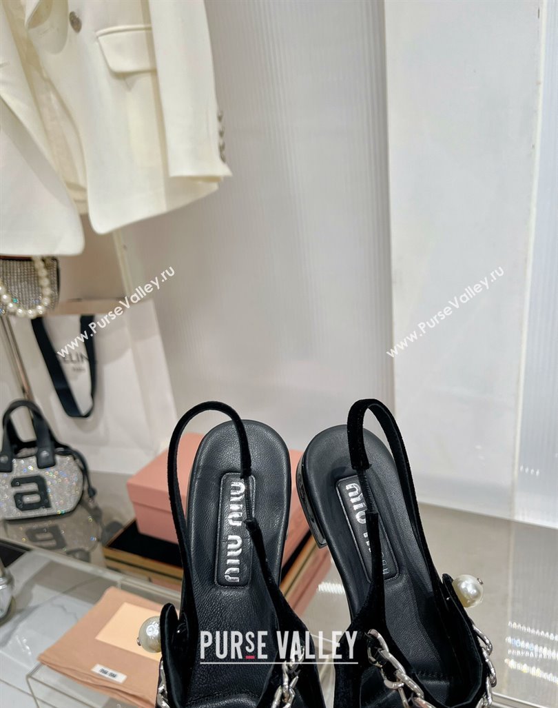 Miu Miu Slingback Flat in Velvet and Patent Leather with Chain and Pearl Black 2023 (ZN-231214003)