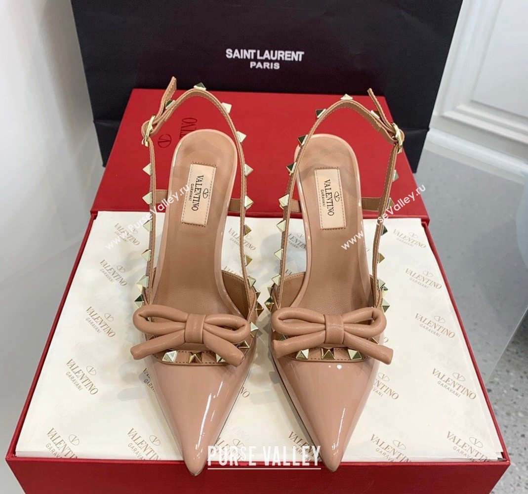 Valentino Rockstud Bow Slingback Pumps in Patent Leather 6cm/10cm Rose Nude 2023 (KER-231214108)