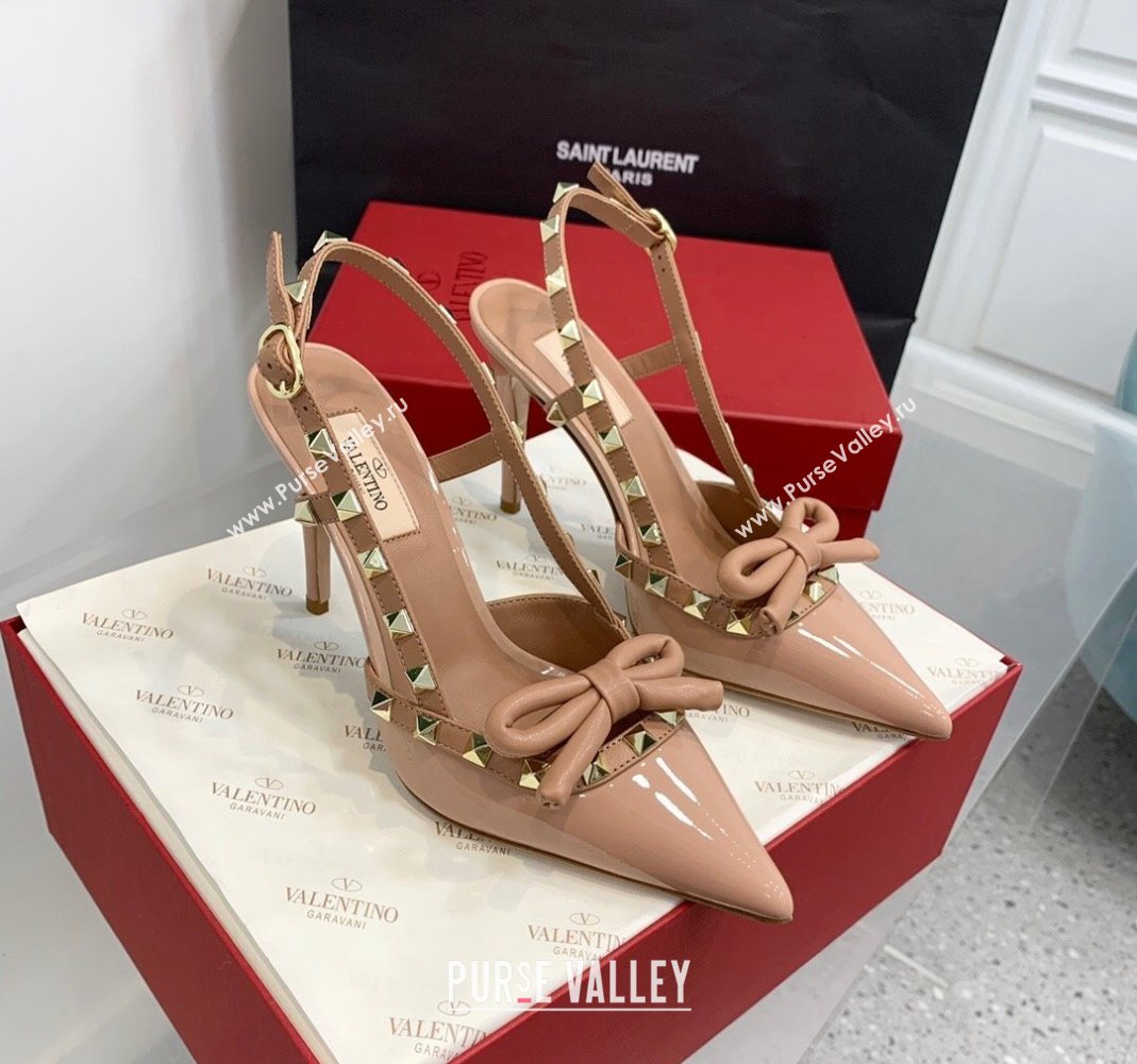 Valentino Rockstud Bow Slingback Pumps in Patent Leather 6cm/10cm Rose Nude 2023 (KER-231214108)