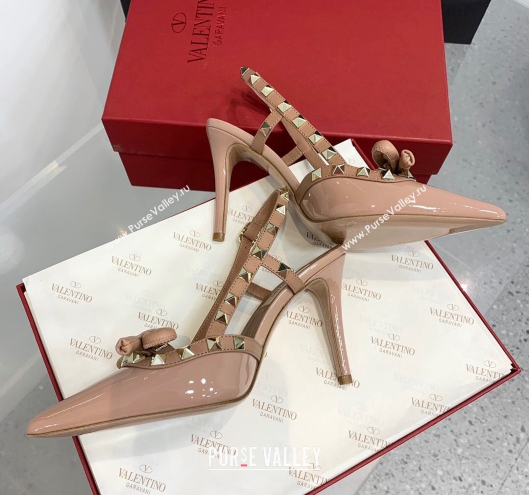 Valentino Rockstud Bow Slingback Pumps in Patent Leather 6cm/10cm Rose Nude 2023 (KER-231214108)