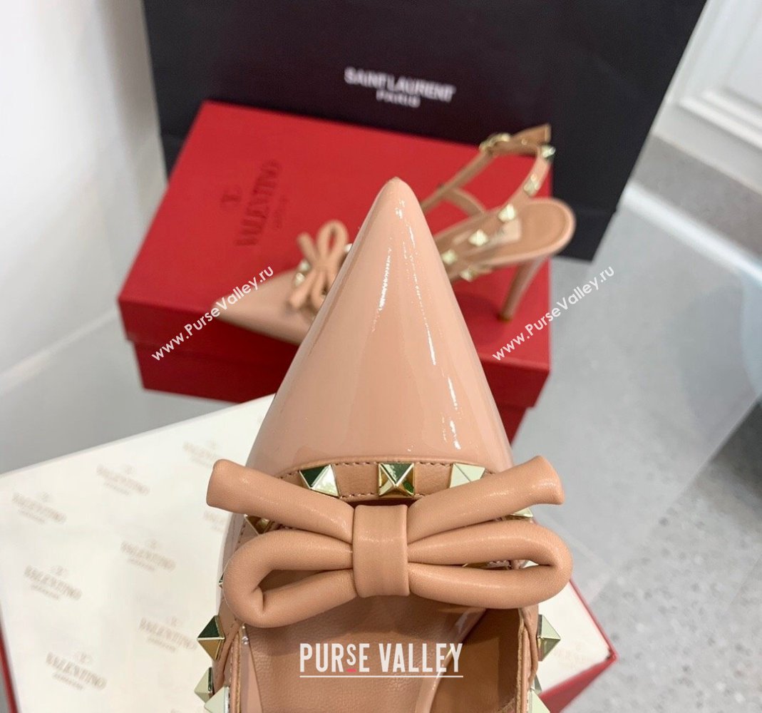 Valentino Rockstud Bow Slingback Pumps in Patent Leather 6cm/10cm Rose Nude 2023 (KER-231214108)