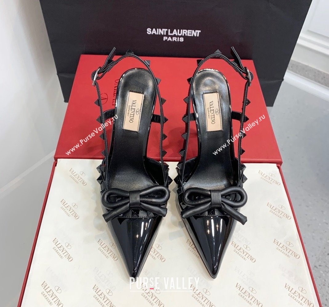 Valentino Rockstud Bow Slingback Pumps in Patent Leather 6cm/10cm All Black 2023 (KER-231214109)