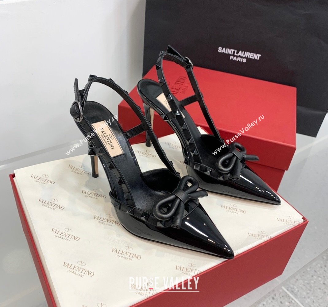 Valentino Rockstud Bow Slingback Pumps in Patent Leather 6cm/10cm All Black 2023 (KER-231214109)