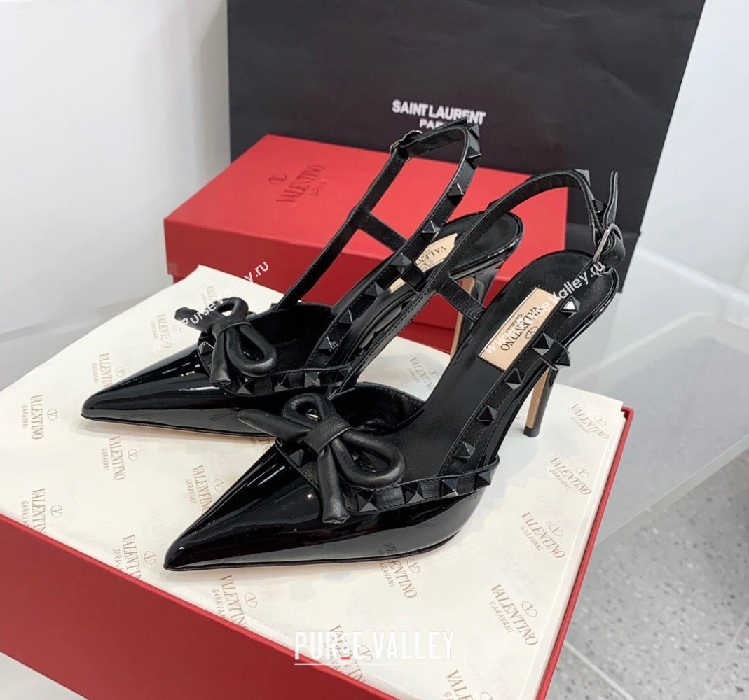 Valentino Rockstud Bow Slingback Pumps in Patent Leather 6cm/10cm All Black 2023 (KER-231214109)