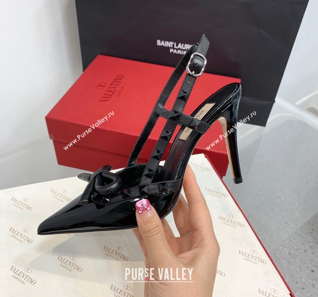 Valentino Rockstud Bow Slingback Pumps in Patent Leather 6cm/10cm All Black 2023 (KER-231214109)