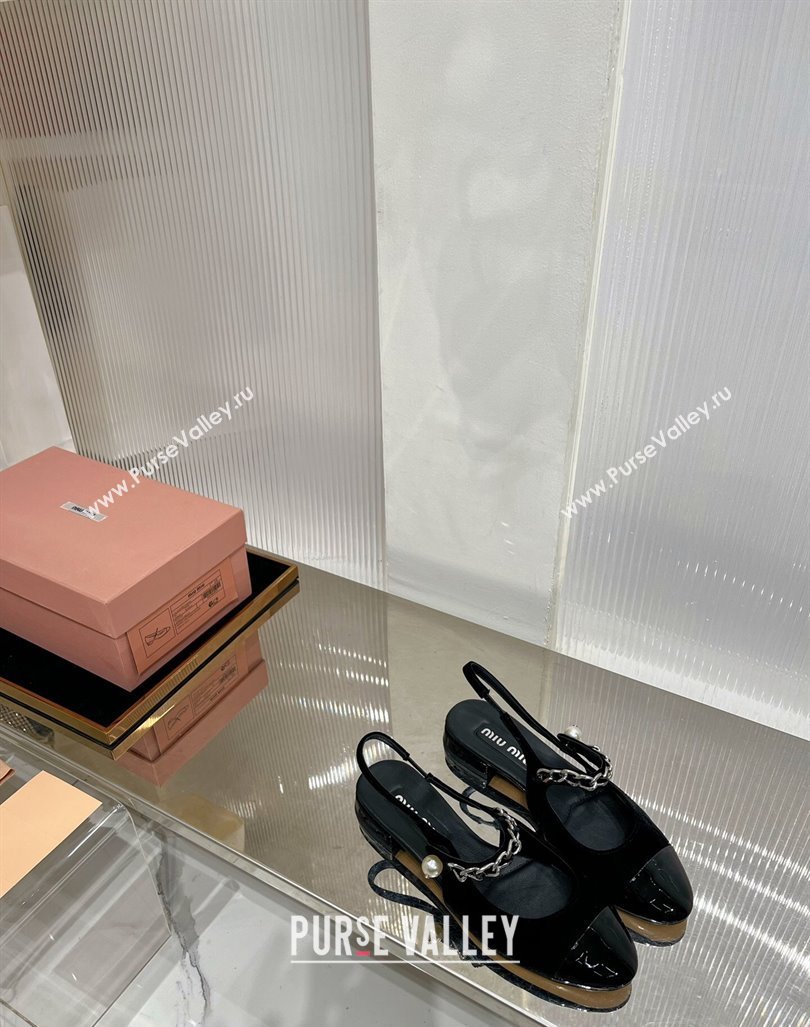 Miu Miu Slingback Flat in Velvet and Patent Leather with Chain and Pearl Black 2023 (ZN-231214003)