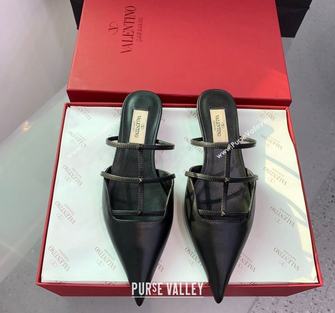 Valentino Rockstud Leather Pointed Flat Mules Black 2023 VLTN121401 (KER-231214115)