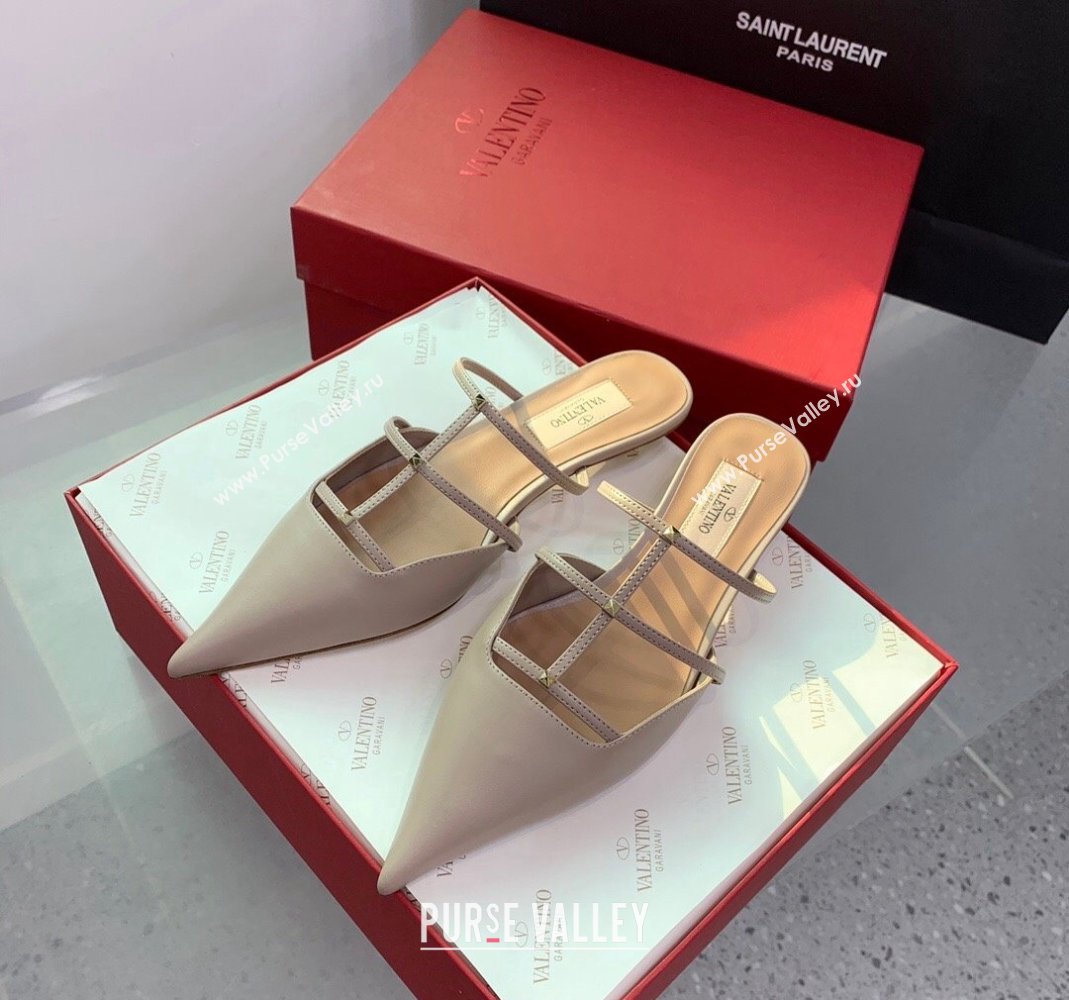 Valentino Rockstud Leather Pointed Flat Mules Nude 2023 VLTN121401 (KER-231214116)