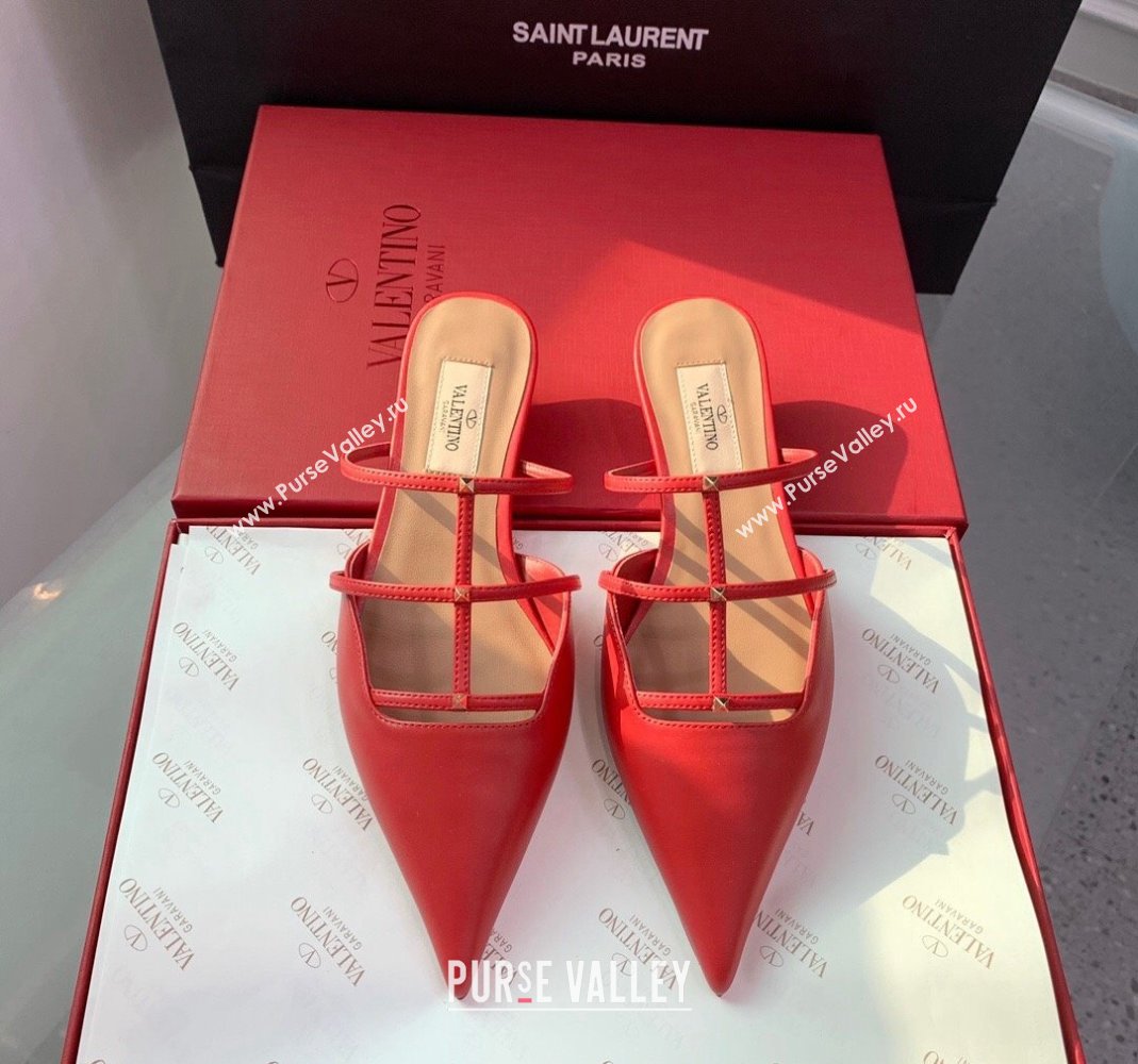 Valentino Rockstud Leather Pointed Flat Mules Red 2023 VLTN121401 (KER-231214118)