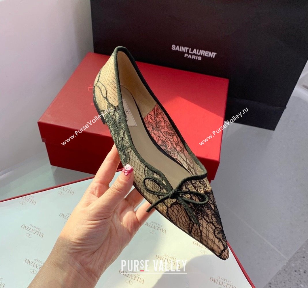 Valentino Lace Ballet Flat with Bow Black 2023 1214 (KER-231214128)