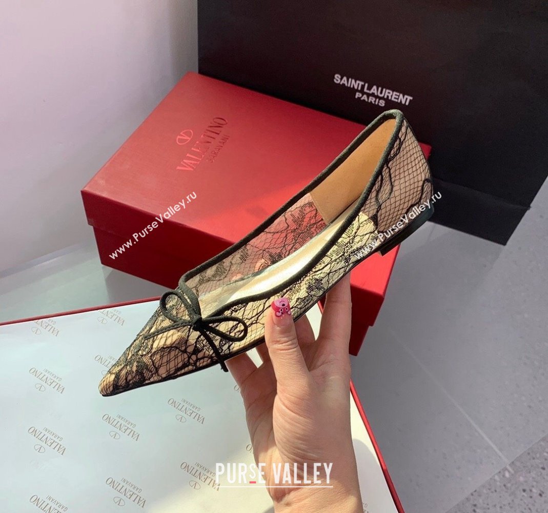 Valentino Lace Ballet Flat with Bow Black 2023 1214 (KER-231214128)