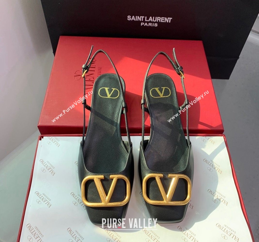 Valentino Metal-Tone VLogo Leather Slingback Sandals Black/Gold 2023 VLTN121403 (KER-231214129)