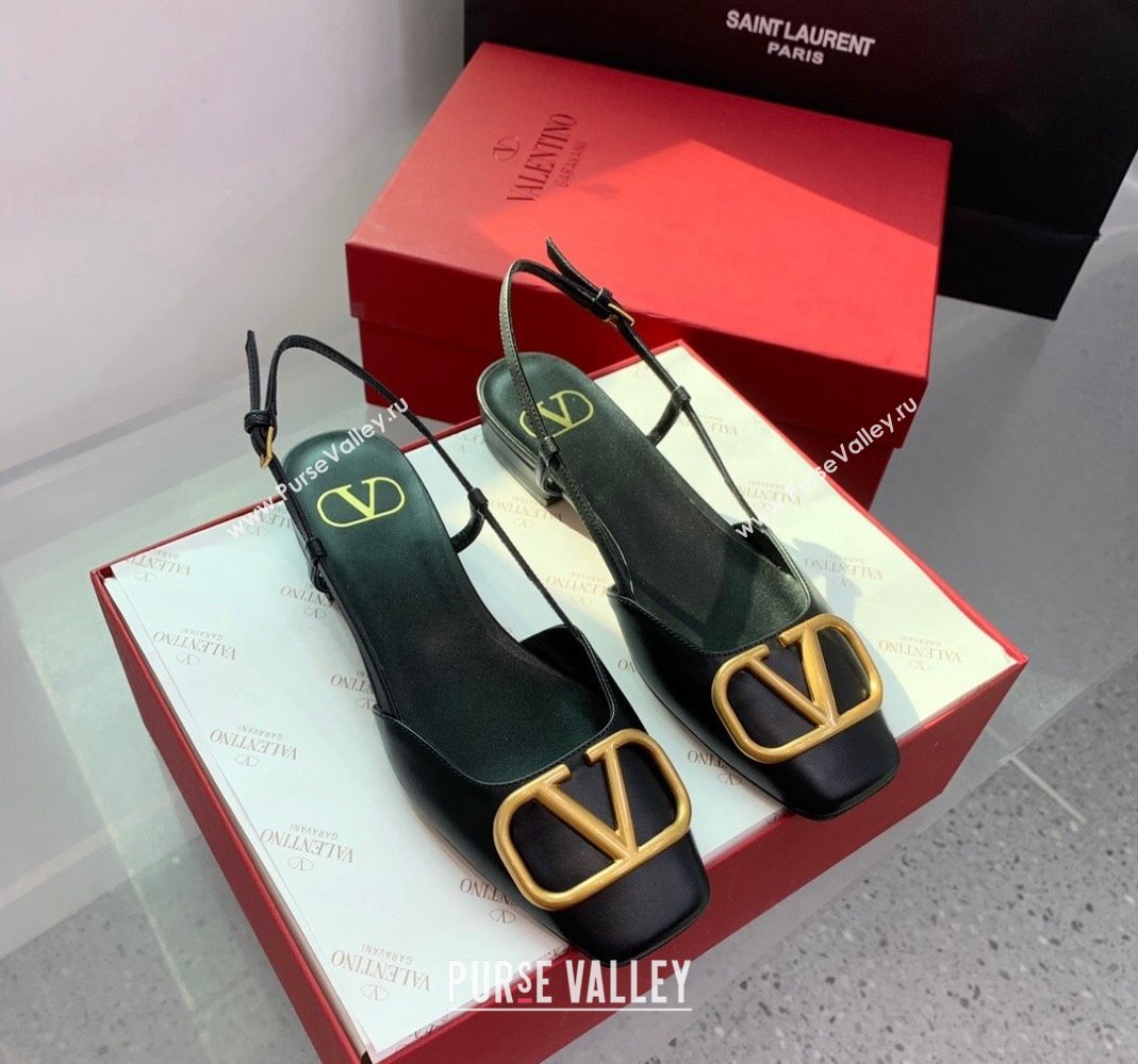 Valentino Metal-Tone VLogo Leather Slingback Sandals Black/Gold 2023 VLTN121403 (KER-231214129)