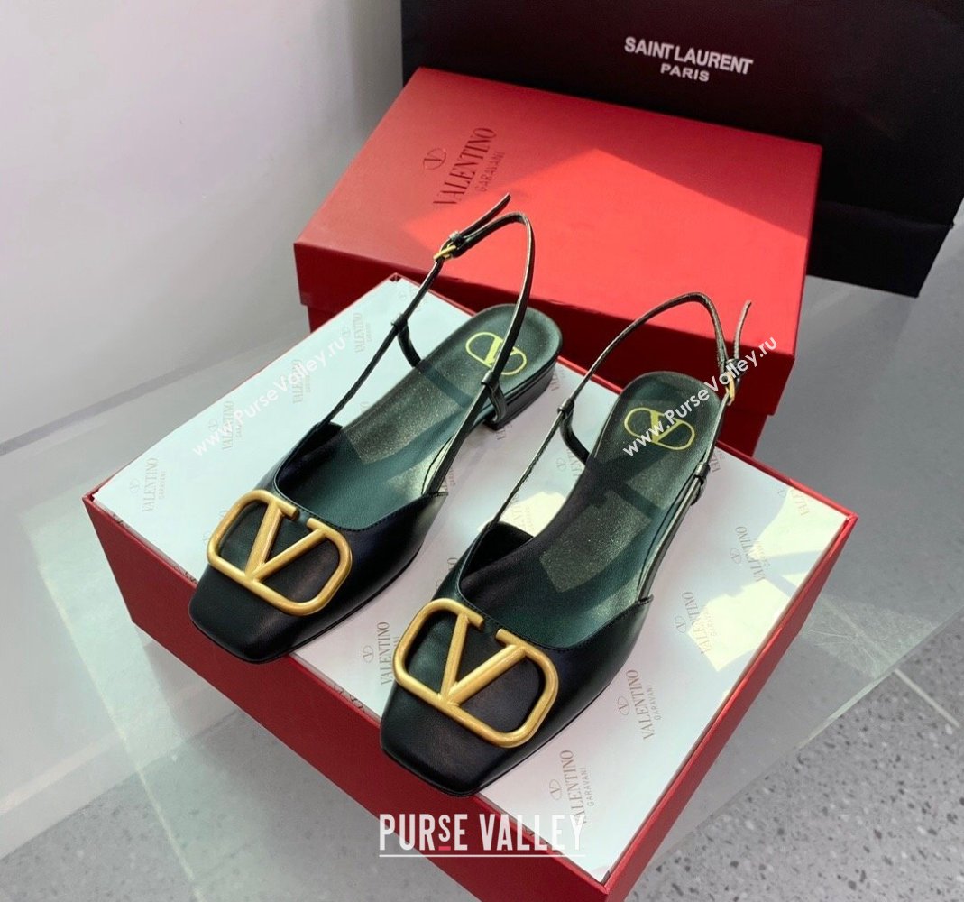 Valentino Metal-Tone VLogo Leather Slingback Sandals Black/Gold 2023 VLTN121403 (KER-231214129)