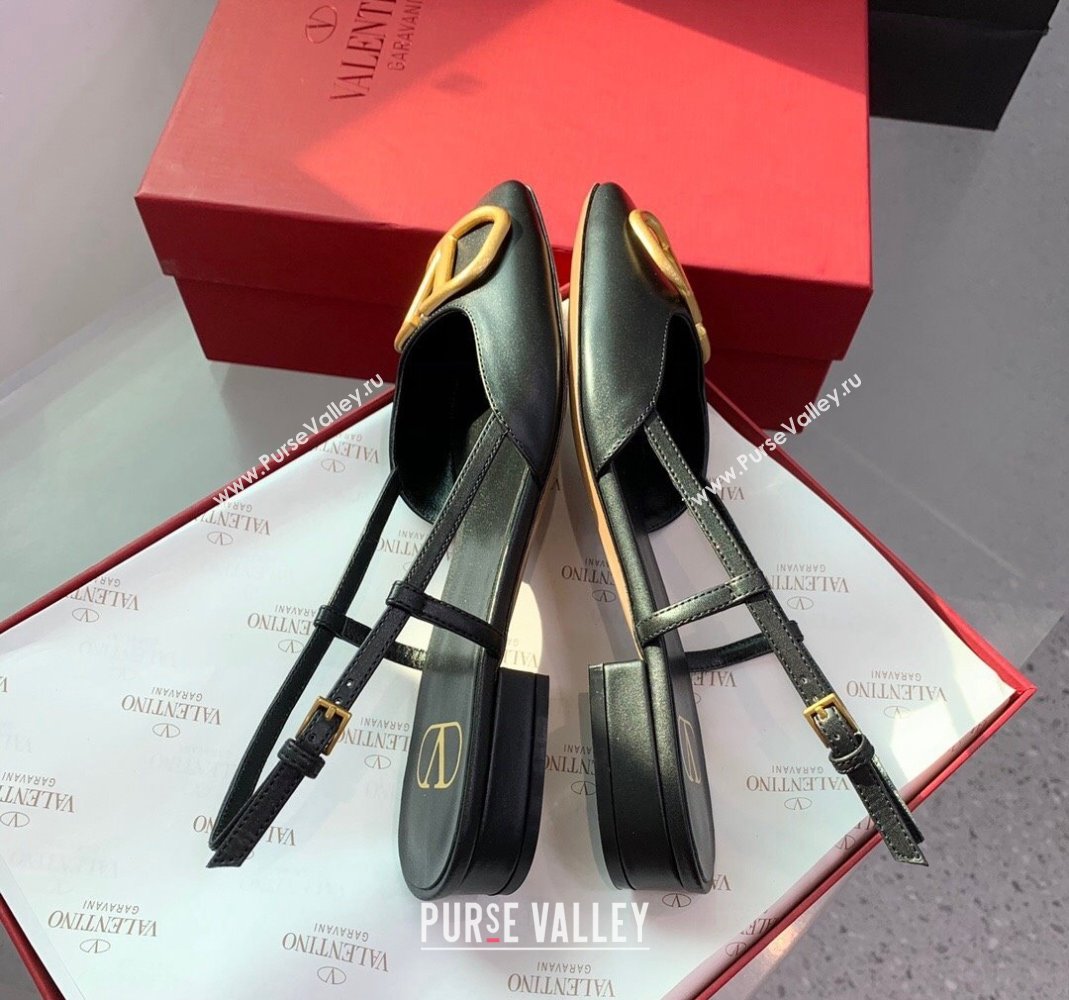 Valentino Metal-Tone VLogo Leather Slingback Sandals Black/Gold 2023 VLTN121403 (KER-231214129)