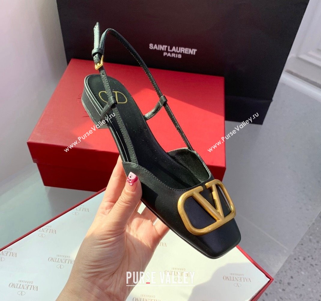 Valentino Metal-Tone VLogo Leather Slingback Sandals Black/Gold 2023 VLTN121403 (KER-231214129)